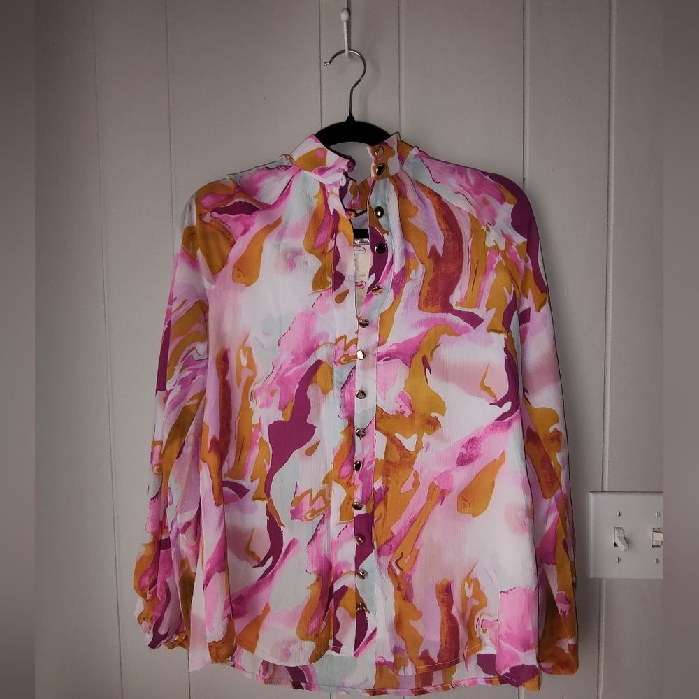 Women's Watercolor Chiffon Multicolor V-neck Lantern Sleeve Fully Lined Blouse